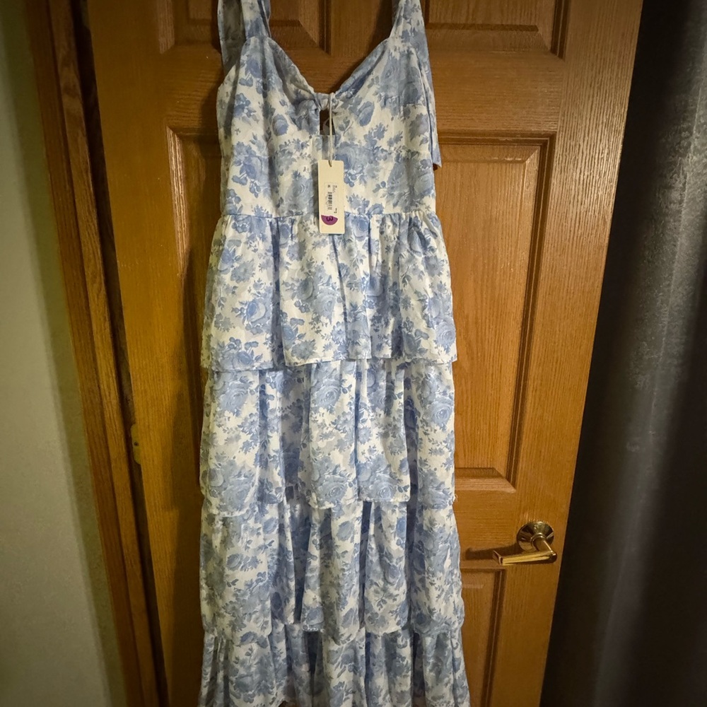Altar'd State Blue and White Floral Tiered Maxi Dress with Tie Straps - Picture 5 of 14